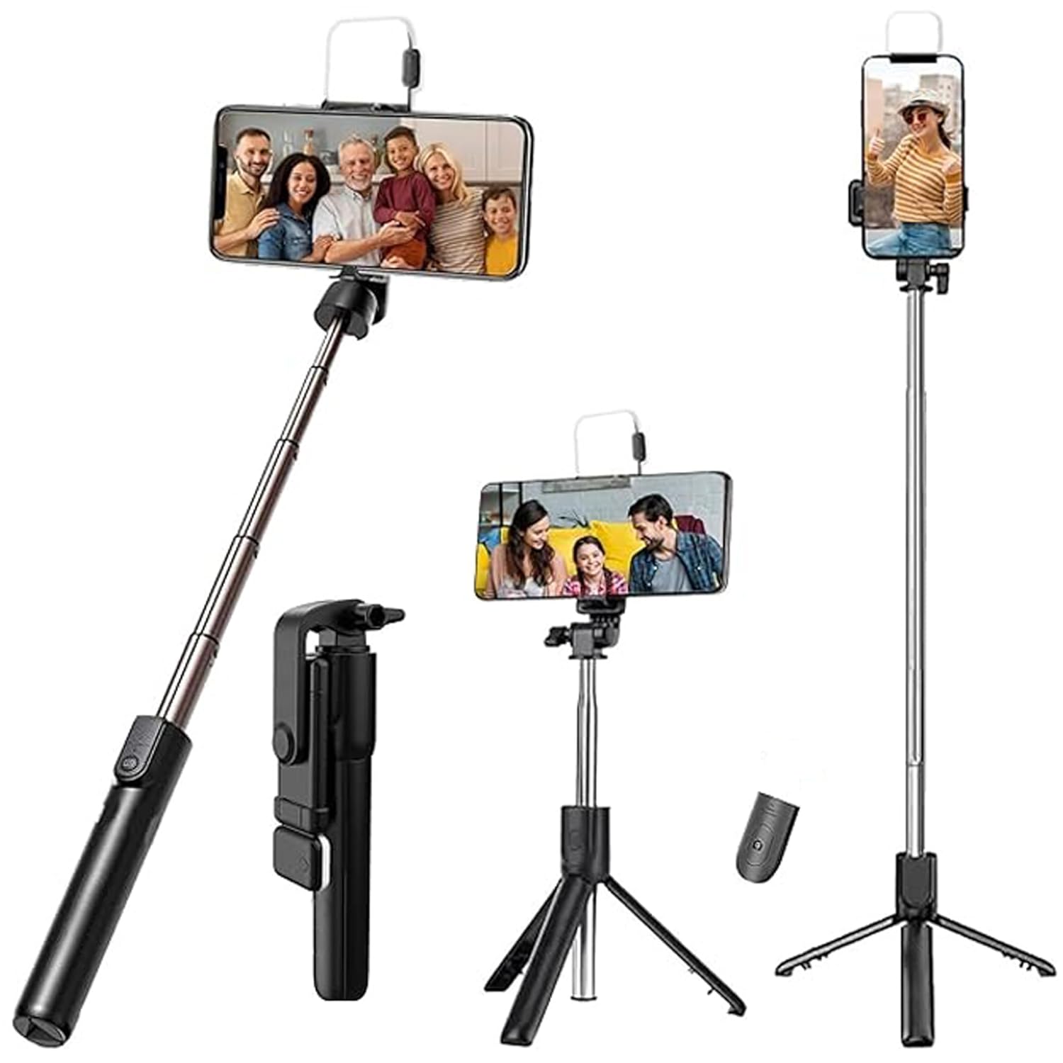 FireVex Mobile Phone Stand Extendable Bluetooth Selfie Stick Tripod with Light & 360-Degree Adjustment, Compatible for iPhone and Android Smartphones for vlog and Photoshoot (1 Meter) -Black